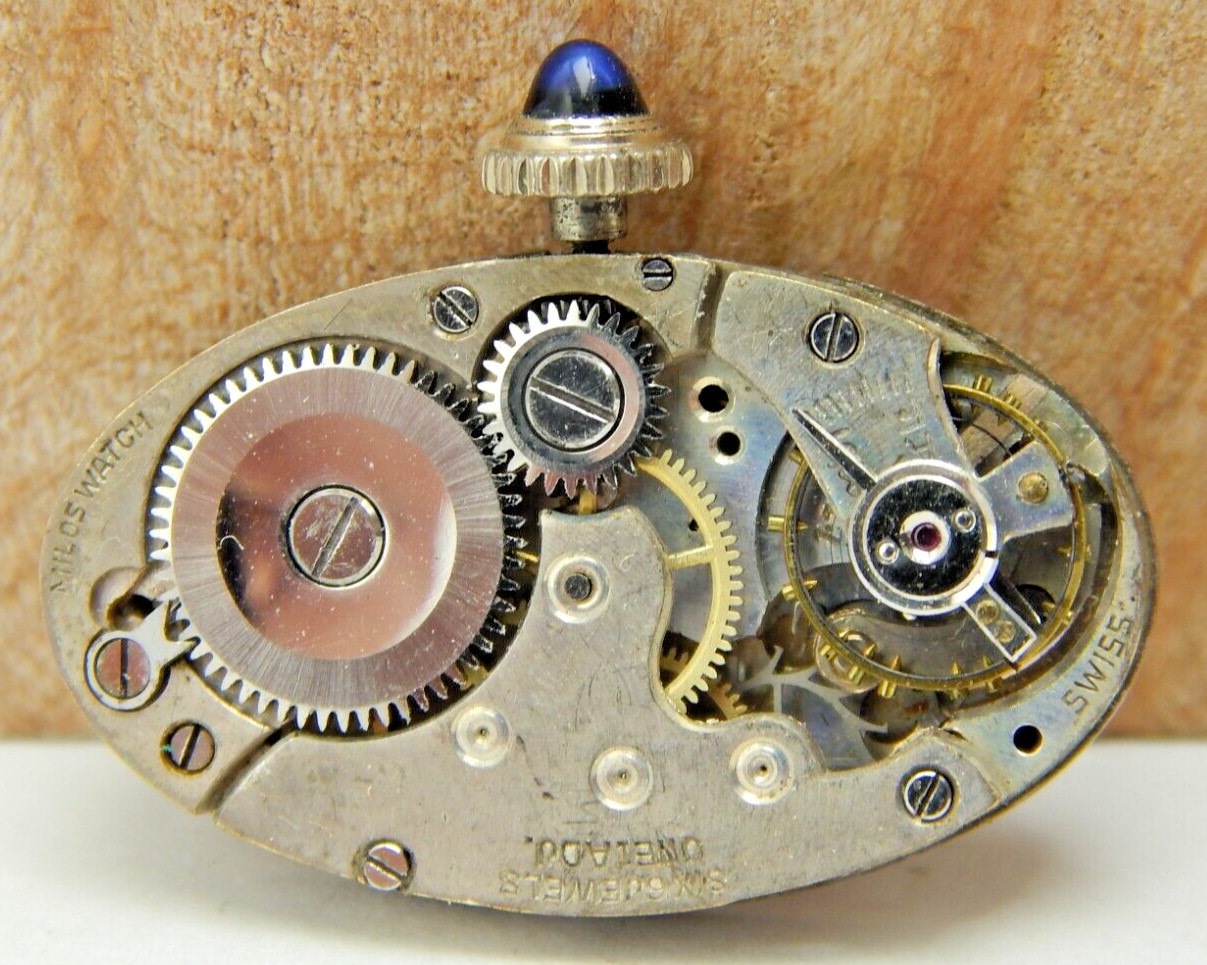 Vintage Milos 6 jewel 1 adjustment art deco wrist watch movement w/ dial & crown