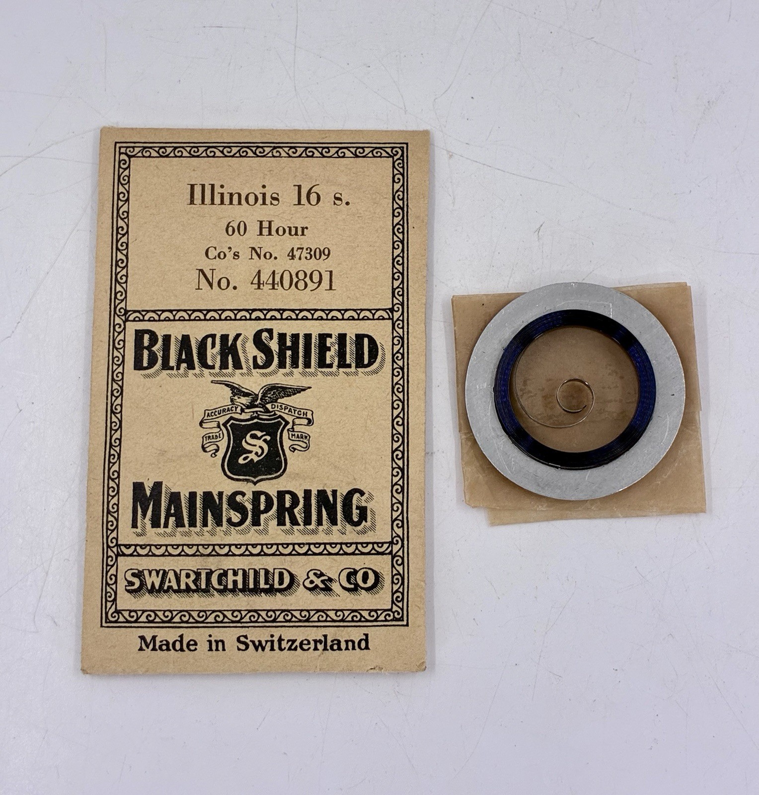 NOS Black Shield Mainspring Illinois 6 s. 60 hour Co’s No. 47309 NO. 440891