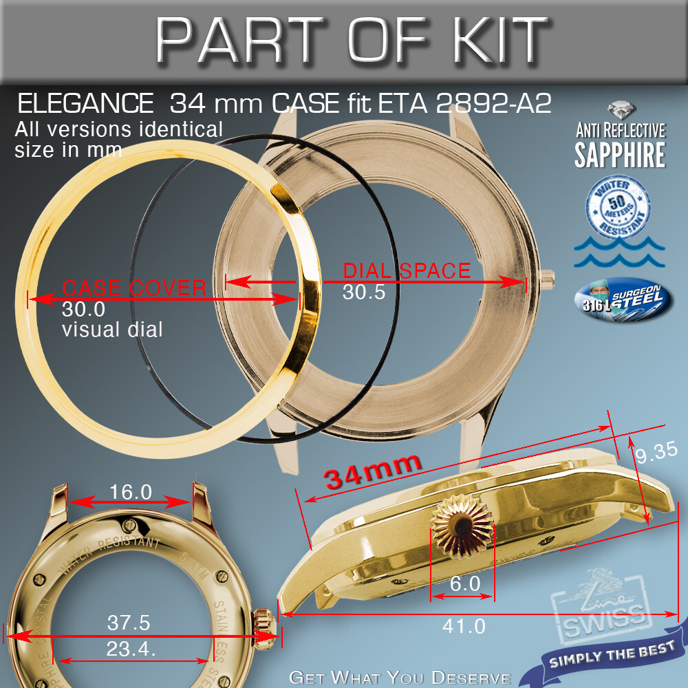 DO IT YOURSELF KIT 4: ELEGANCE CASE 34MM, DIAL, HANDS, fit ETA 2892-A2, SW300