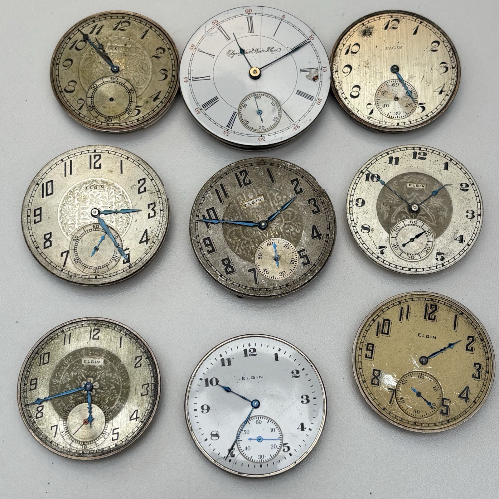 9x Vintage Elgin Pocket Watch Estate Repair Parts Bulk Lot Movement Dial