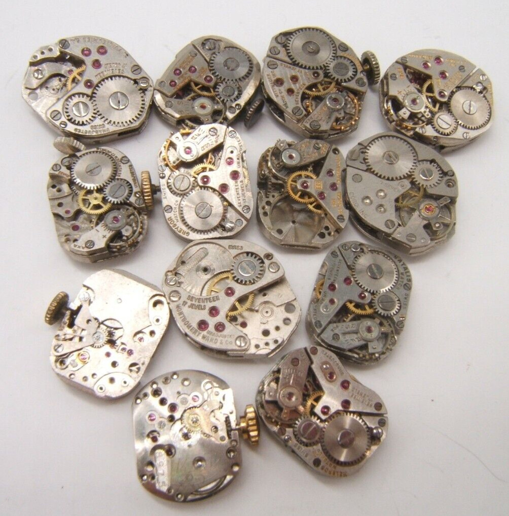 13 SMALL WOMEN’S WATCH MOVEMENTS PARTS REPAIR MECHANICAL WIND UP (LOT BC)