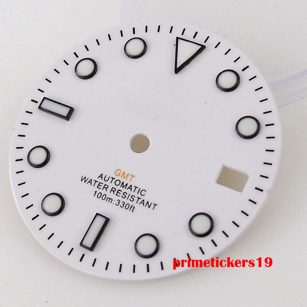 29mm White Watch Dial Date Black Orange Hands Luminous Fit NH34 GMT Movement