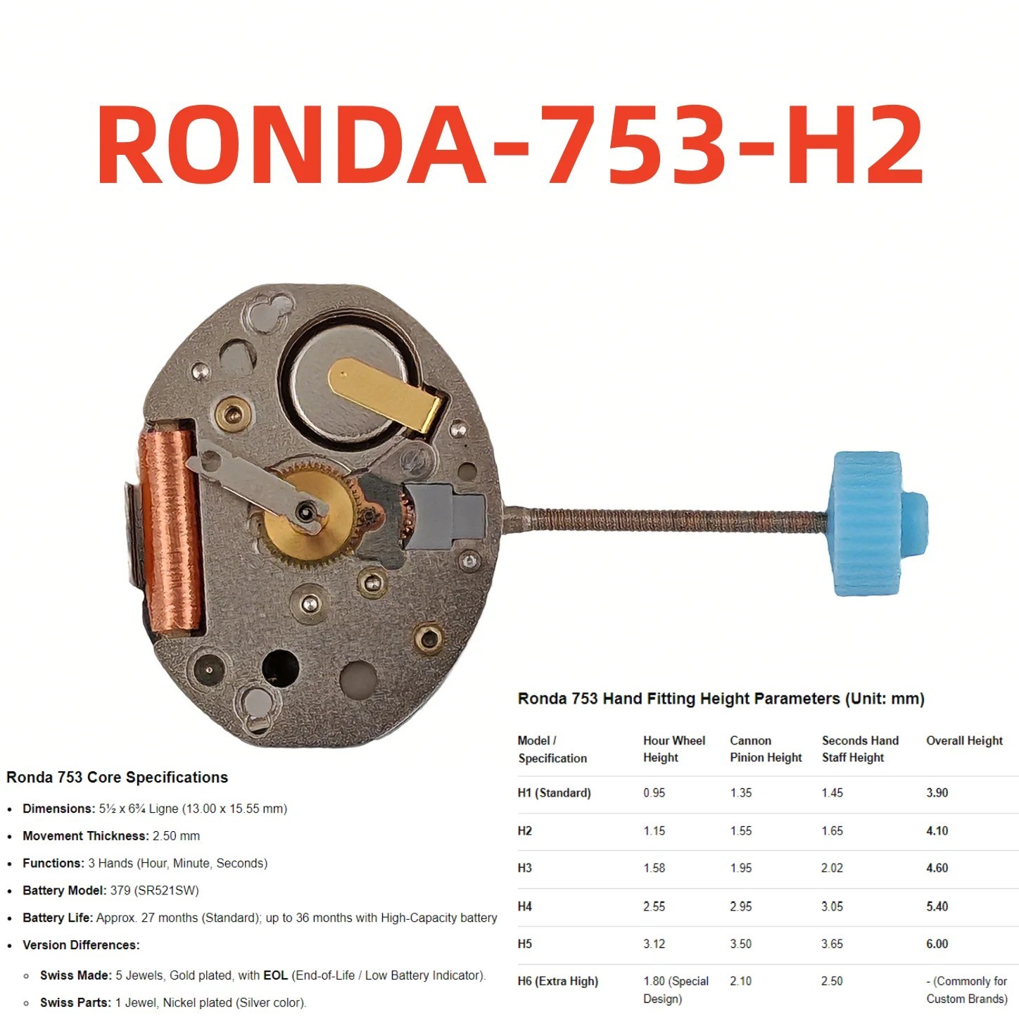 Genuine Ronda Quartz Watch Movement 751 753 756 – Choose Model & Hand Height