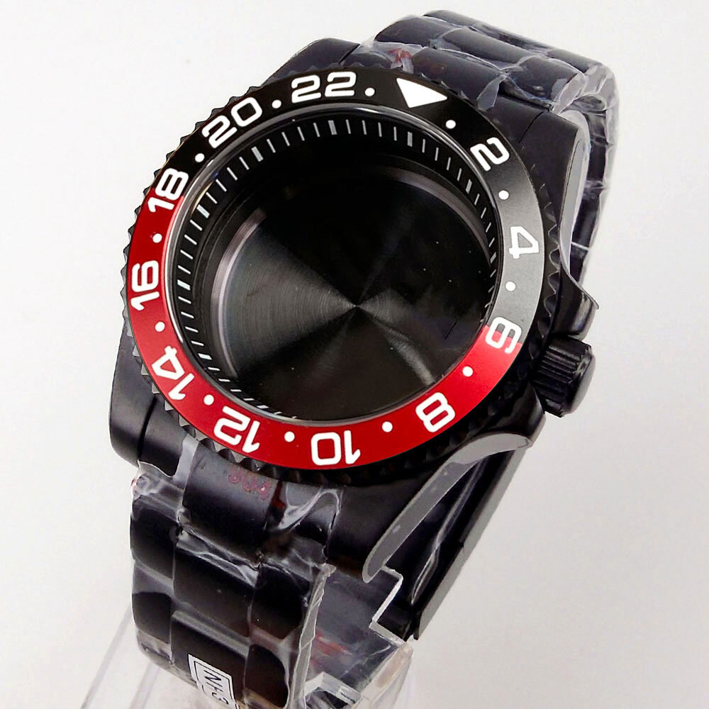 40mm Black PVD Sapphire Glass Watch Case Fit NH35A NH36A ETA2824 PT5000 Rubber