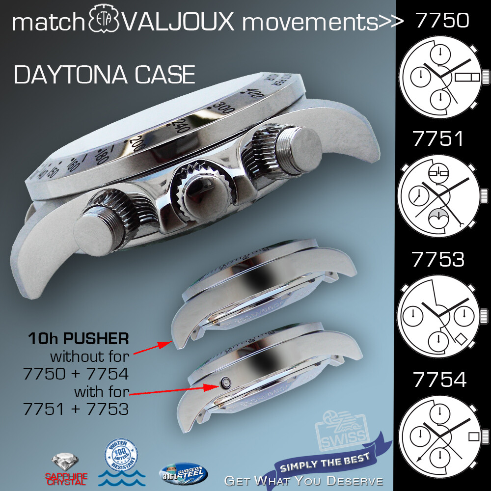 WATCH CASE DAYTONA,TACHYMETER, ETA VALJOUX 7750,7751, 7753,7754 ST-STEEL, 38MM