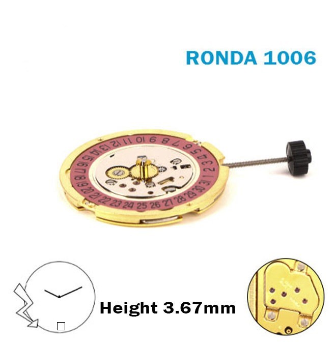 RONDA 1006 Swiss Watch Movement–2Hands-Pink Disk At 6-0 Jewels-H:3.67mm.