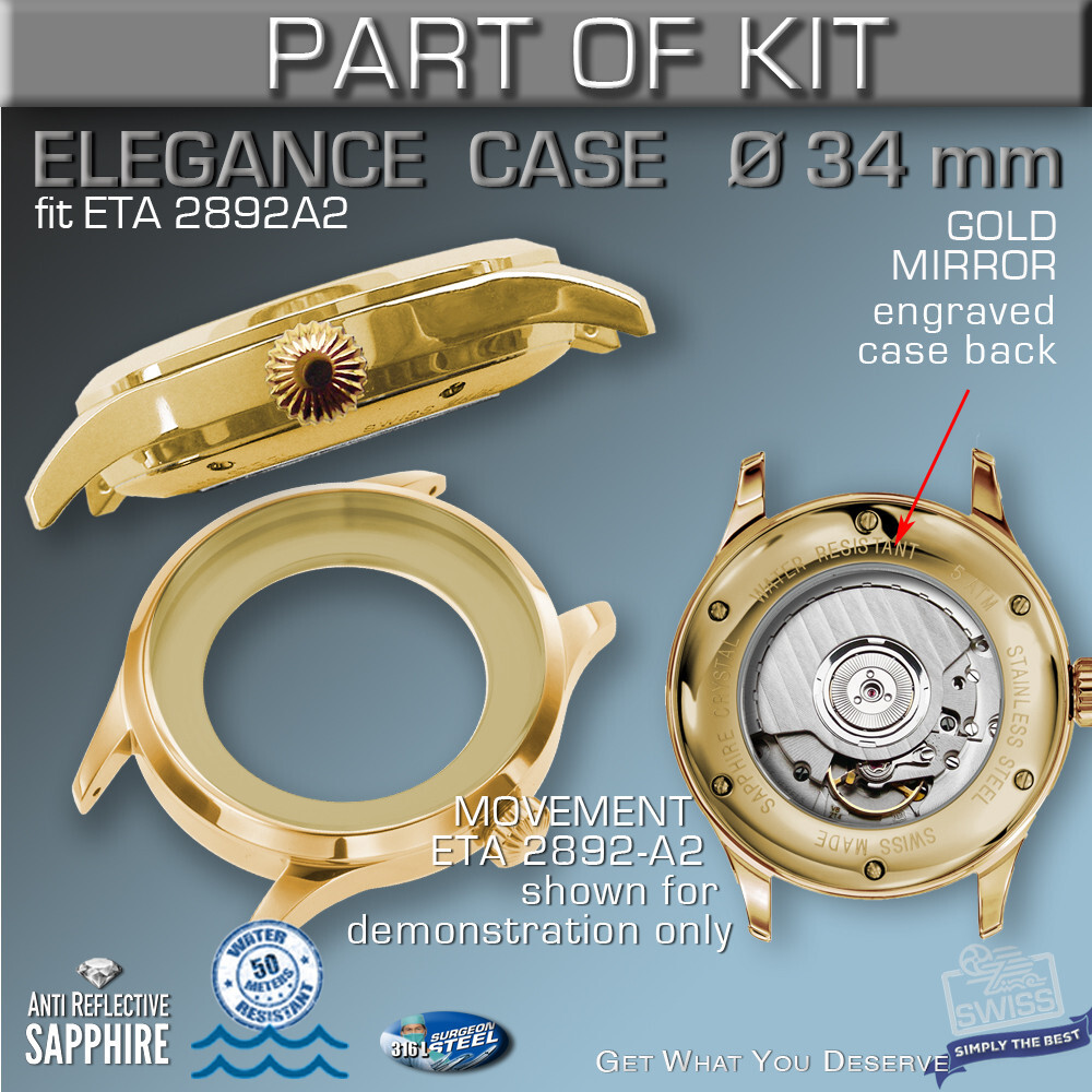 DO IT YOURSELF KIT 4: ELEGANCE CASE 34MM, DIAL, HANDS, fit ETA 2892-A2, SW300