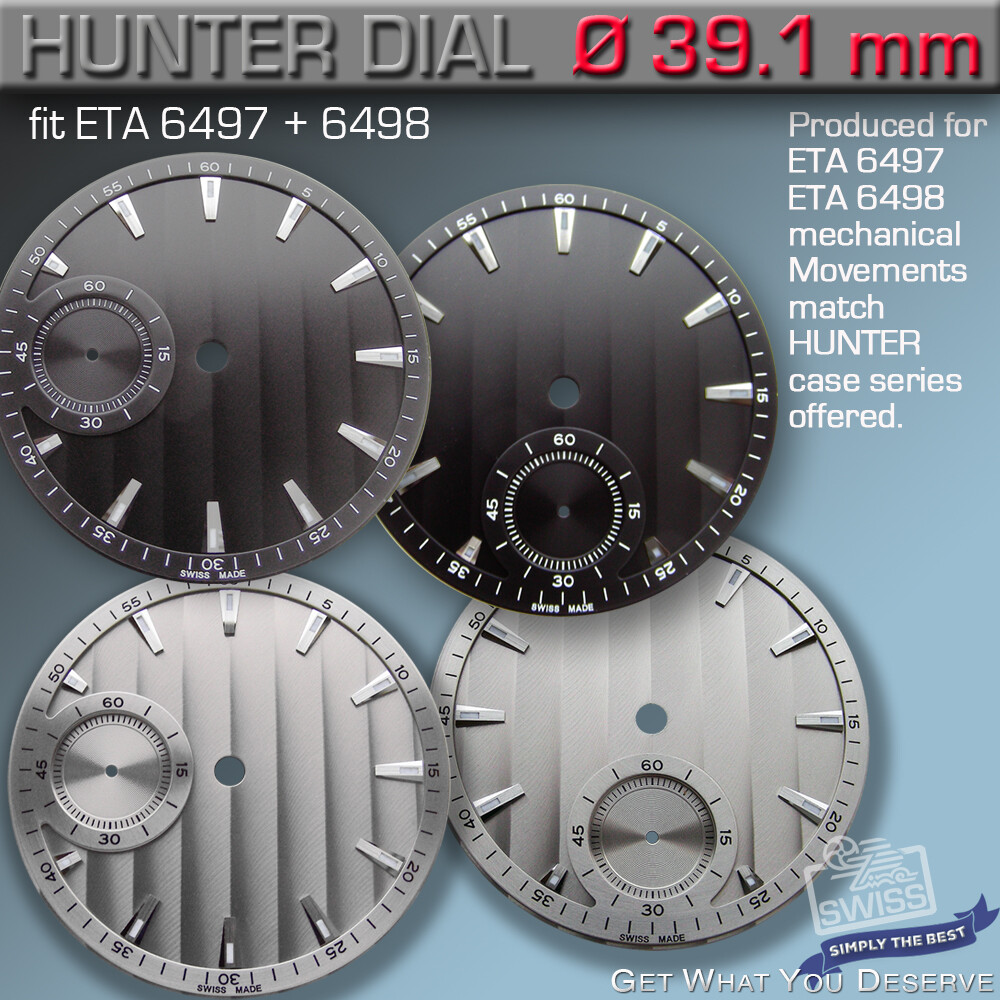DIAL HUNTER Ø 39.1 MM, FOR MOVEMENT ETA UNITAS 6497/98, BLACK,RHODIUM Ref 01-04