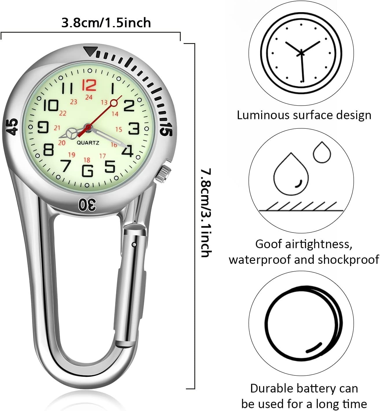 2 Pieces Clip on Quartz Watch Backpack Fob Belt Glow in The Dark Unisex Pocke…