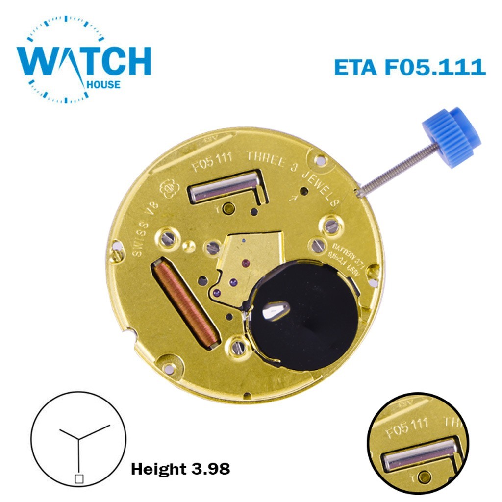 ETA F05.111 Swiss Movement Quartz, Black Date Disk at 6,3 Hands, Height 1 3.97mm