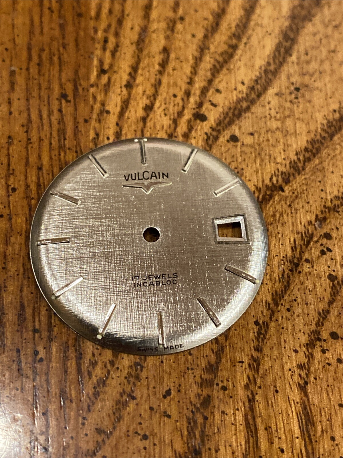 (1) Vtg NOS Vulcain Watch Dial 29mm 17 Jewels Incabloc Brushed Silver Date Swiss