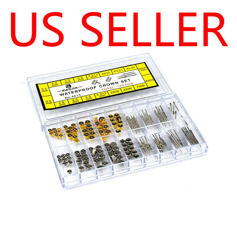 170Pcs Different Sizes Mixed Watch Stem Crown Repair Parts Assortment Set w. Box