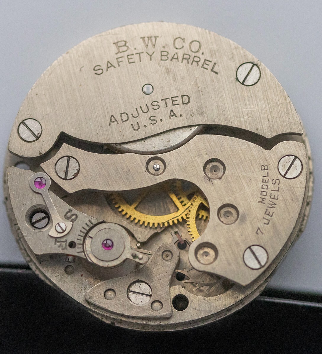 B.W. Co. Watch Movement Safety Barrel Model B 7 Jewels USA Parts Repair