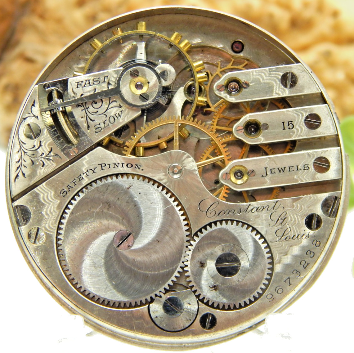 Antique Pocket watch movement Elgin GR 247 3 finger Pr Label St Louis Constant