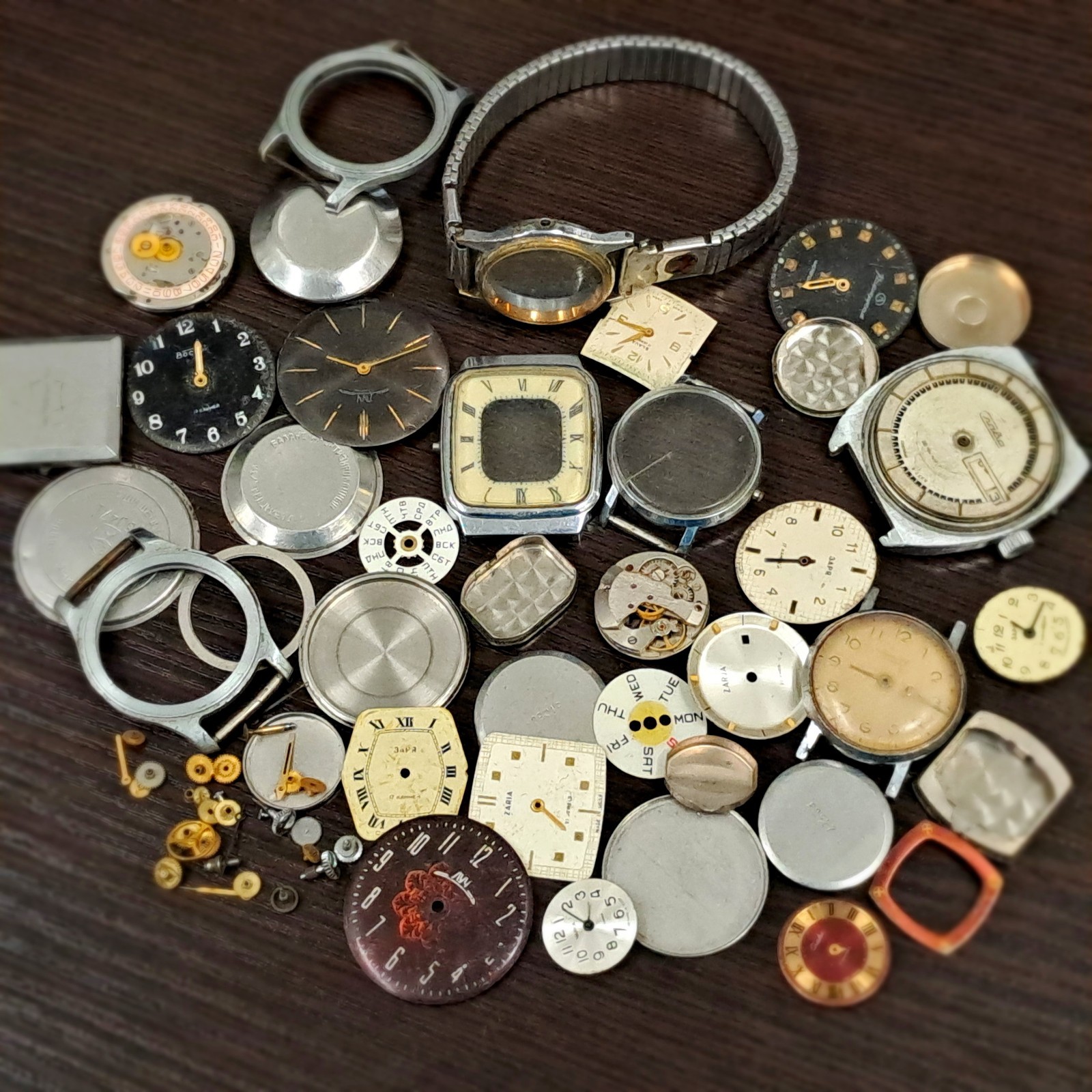Vintage Soviet Watch Parts Lot– Raketa, Pobeda, Slava, Zarja – Cases, Dials–USSR