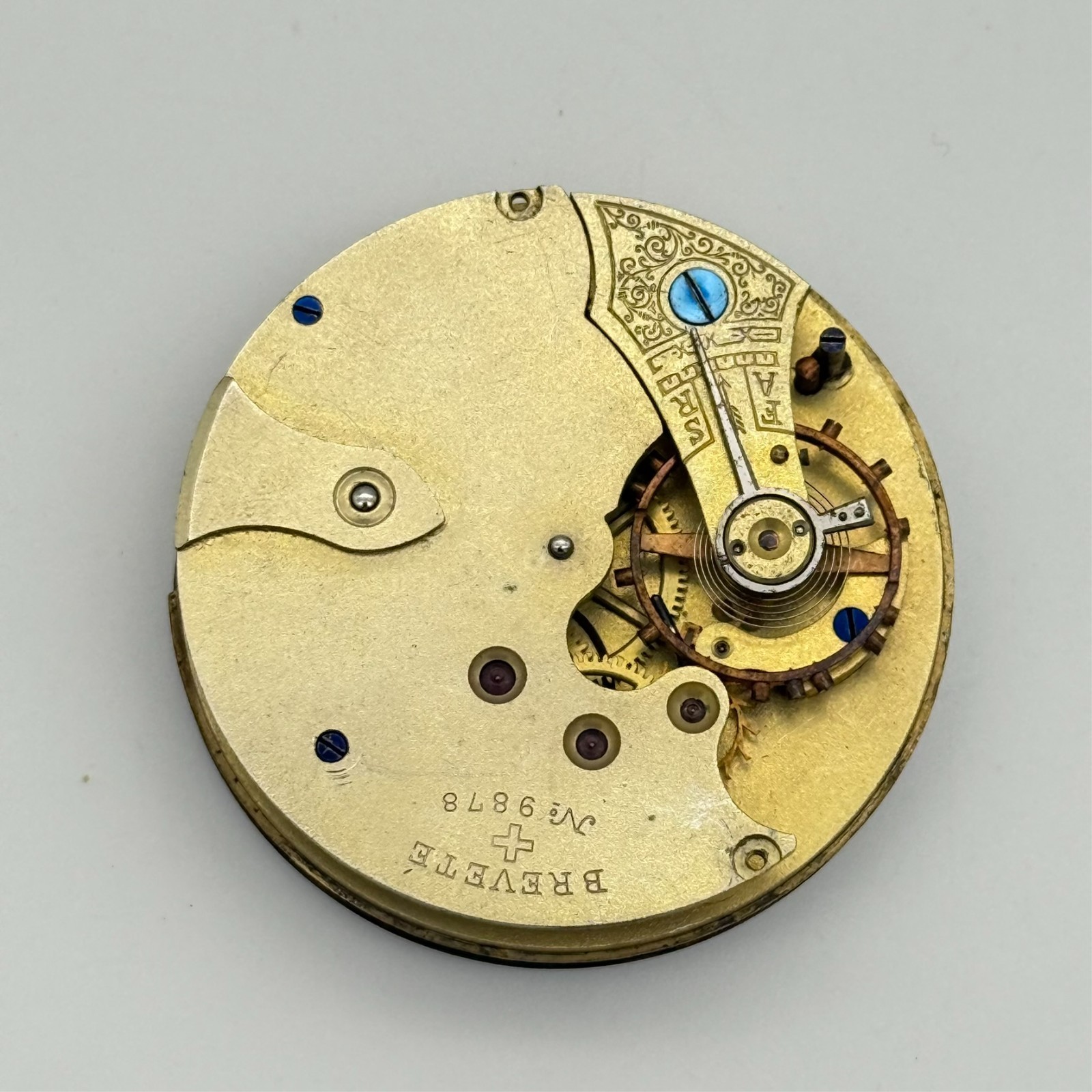 Antique Brevete 9878 Mechanical Pocket Watch Movement, Small Sec, 44mm FOR PARTS