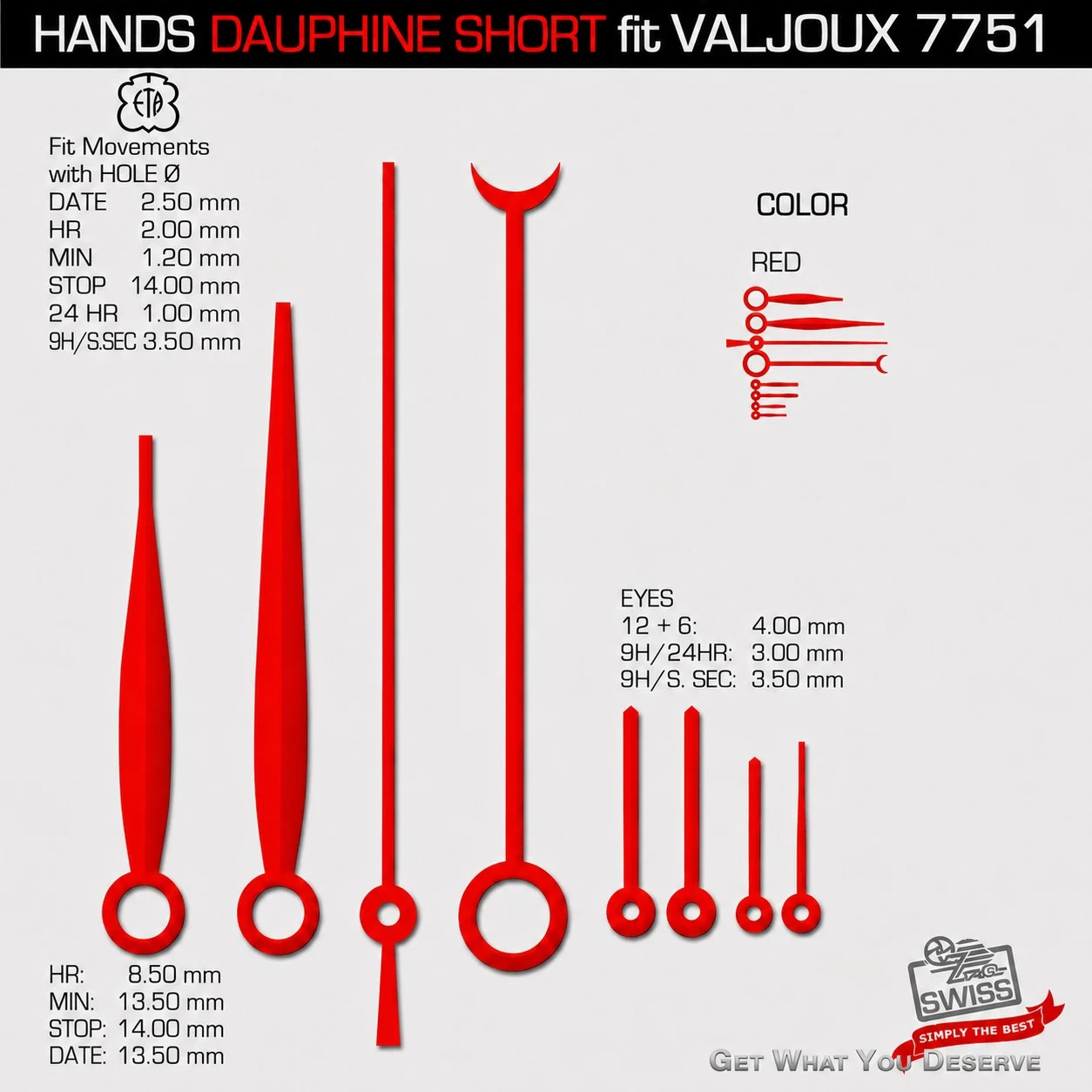 HANDS SET FOR MOVM. ETA VALJOUX 7751, DAUPHINE SHORT, 6 COLORS TO CHOOSE