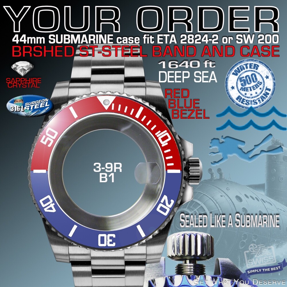 SUBMARINE CASE + BAND, DEEP SEA, 500 M/1640 ft. VALVE ETA 2824, SW200: 12 Var.