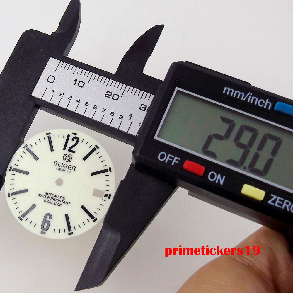 BLIGER 29mm Green White Watch Dial Black Marks Date Luminous Fit NH35 NH36 Movt