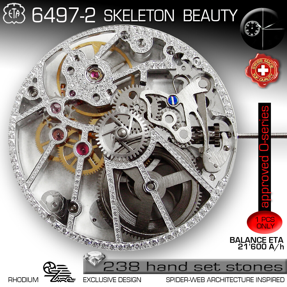 MOVEMENT ETA UNITAS 6497-2, BL109, SPIDER SKELETON TRANSP. STONE DECORATED,SWISS