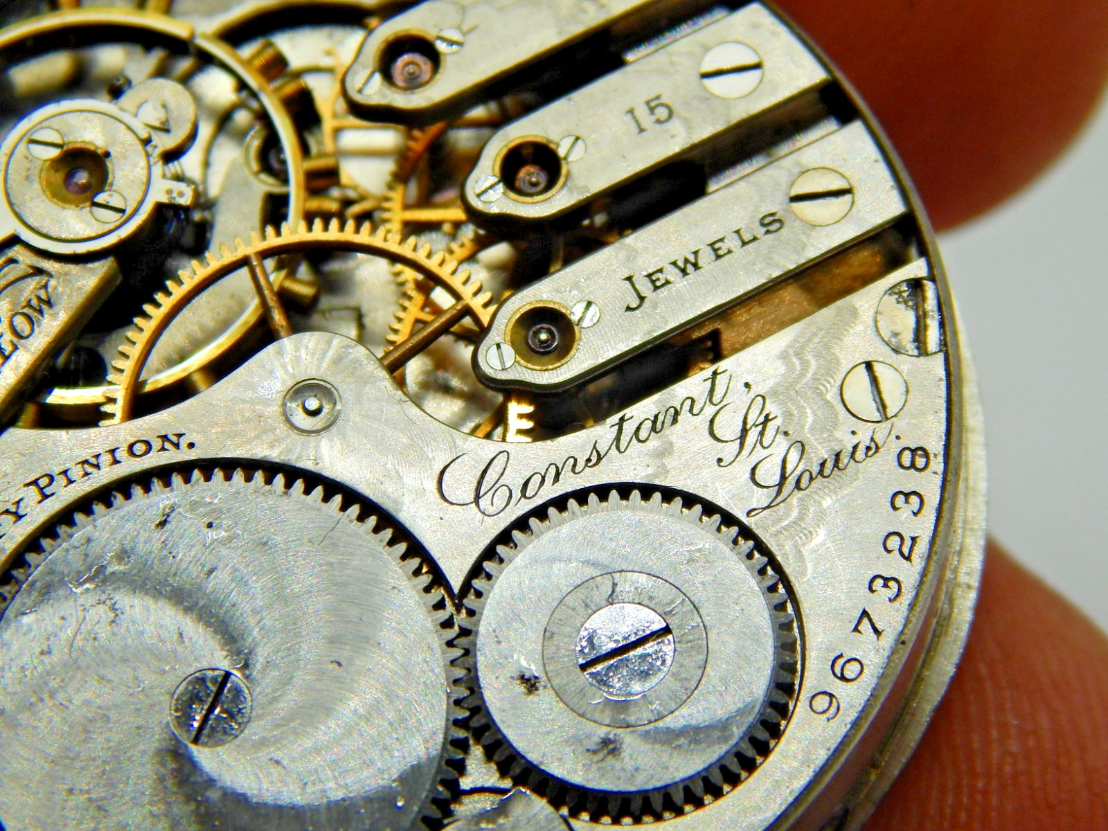 Antique Pocket watch movement Elgin GR 247 3 finger Pr Label St Louis Constant