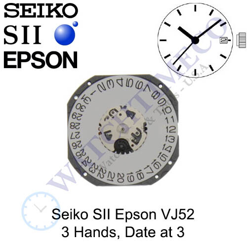 Genuine Seiko SII Epson VJ52 Watch Movement Japan 3 Hands, Date at 3