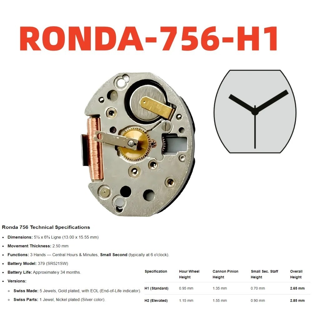 Genuine Ronda Quartz Watch Movement 751 753 756 – Choose Model & Hand Height