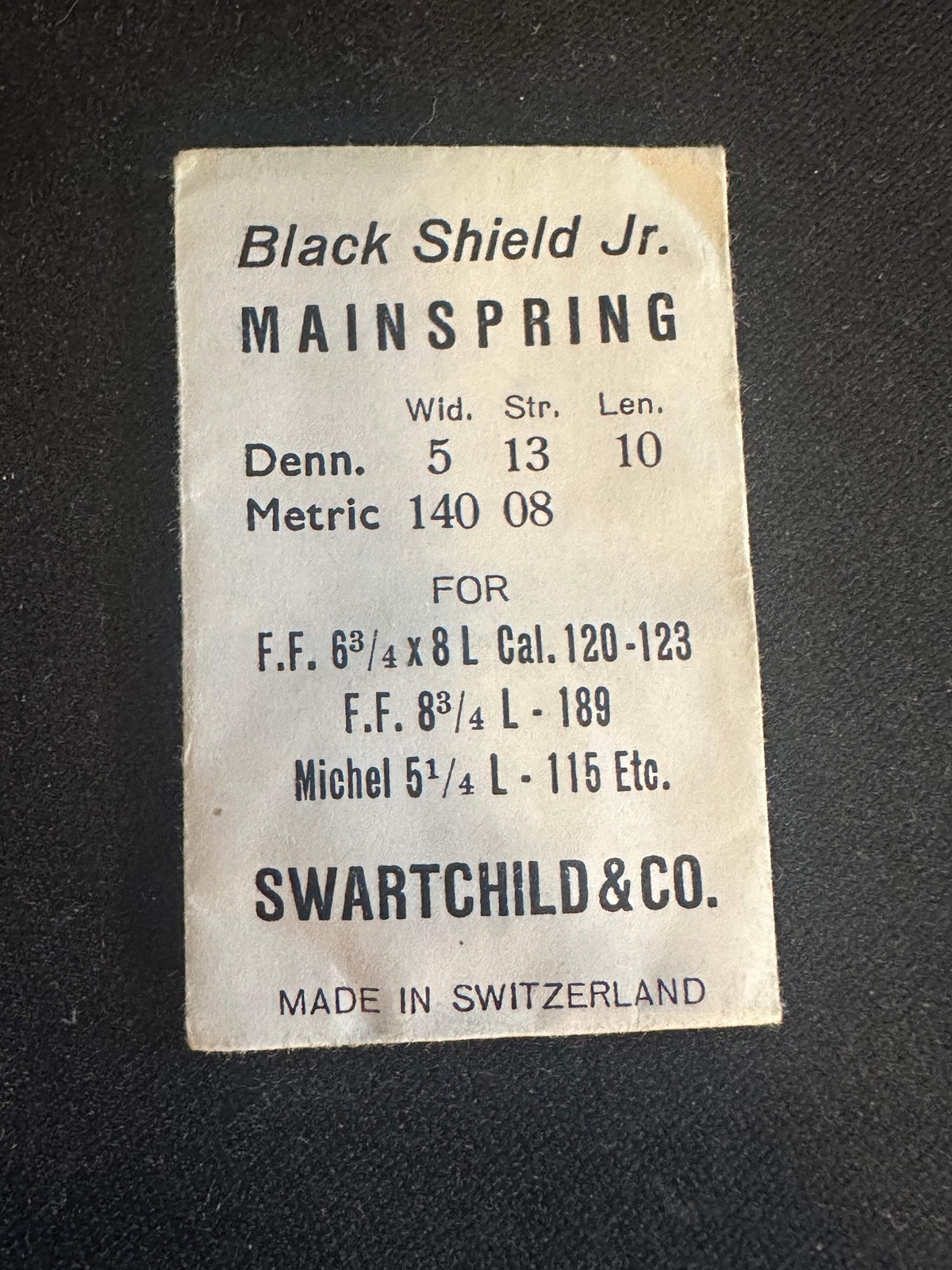 Swartchild Black Shield Jr Mainspring for Font 120 – 123, 189, A. Michel 115 – S