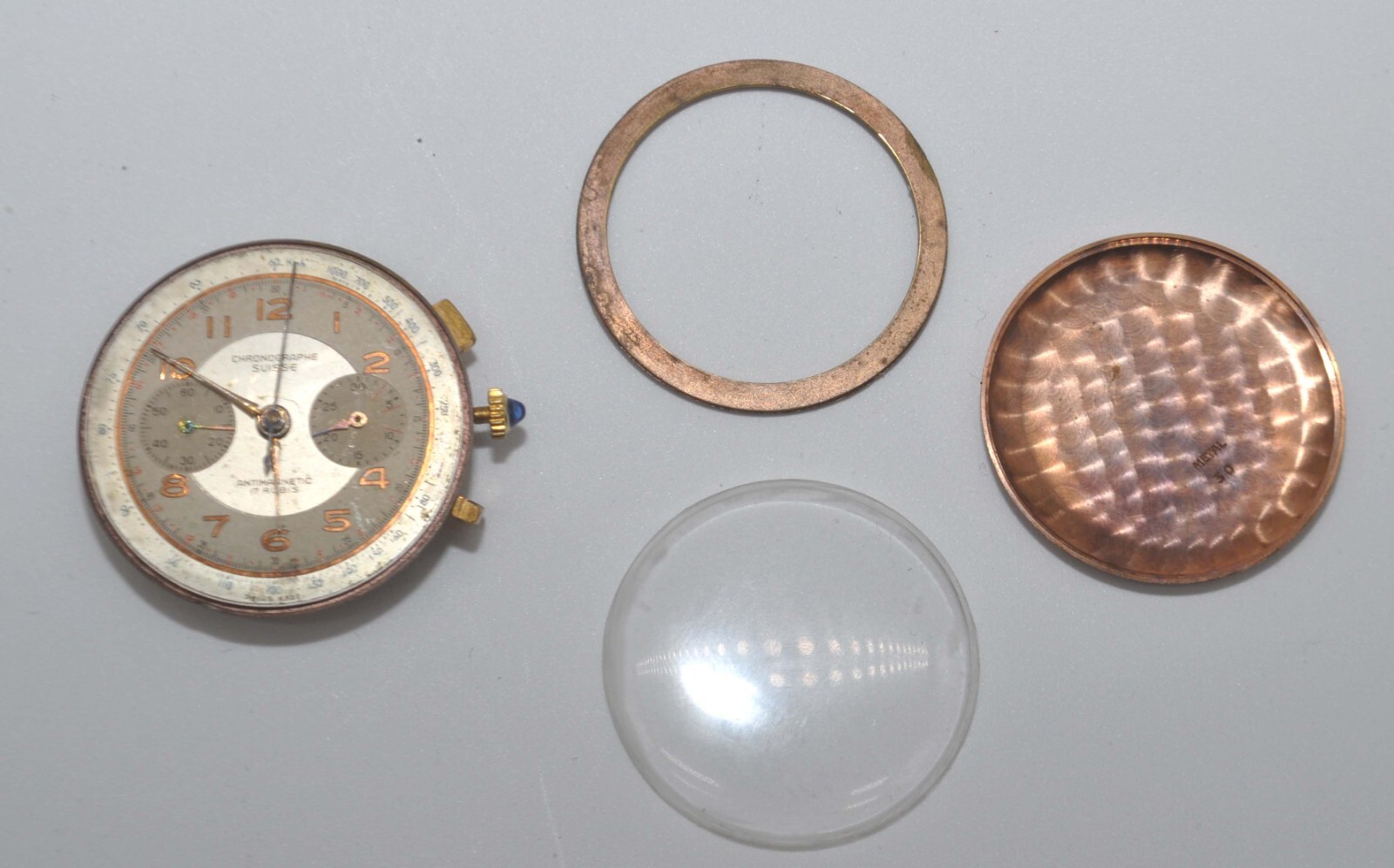 Suisse 17 Rubis Swiss Chronograph Watch Movement Complete Dial & Crown for Parts