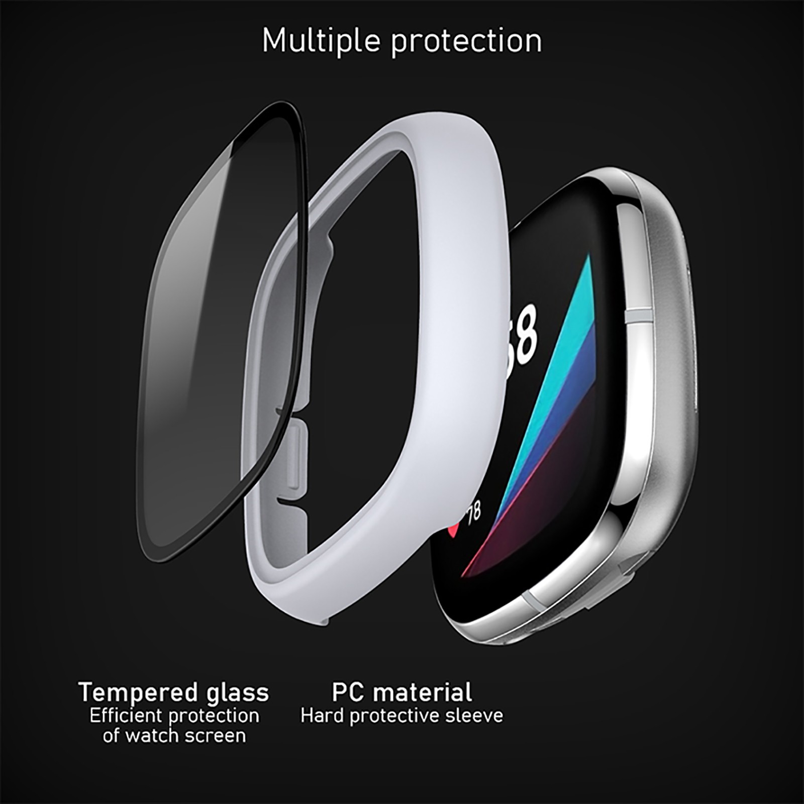 Watch Case PC+Tempered Film Case Protective Case for Fitbit Versa 3/Sense
