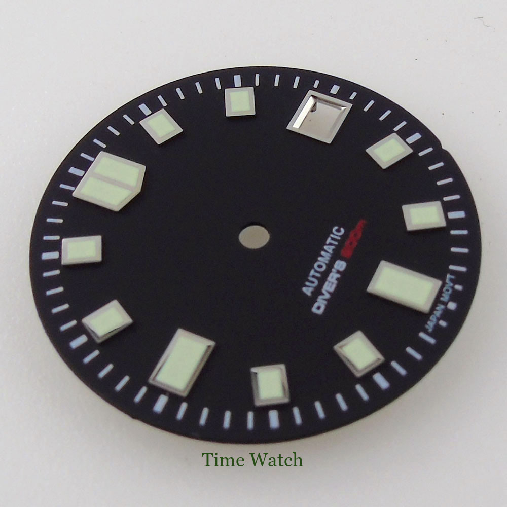 Fit For NH35/NH35A Movement Green Luminous 29mm Black Watch Dial Face Date