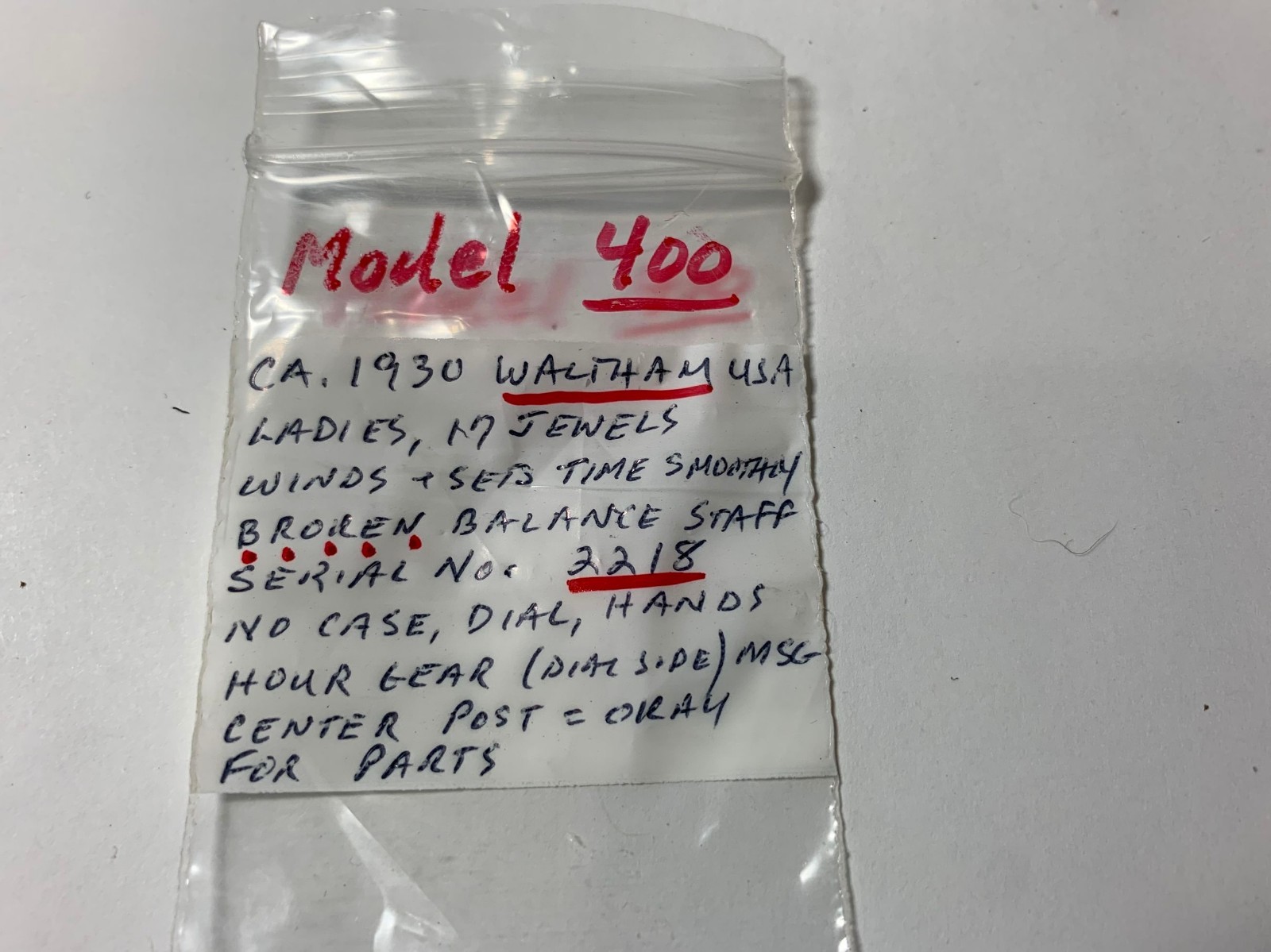 1930 Waltham USA Ladies 17 Jewels Caliber 400 Dainty Baguette Movement- 4 Parts!