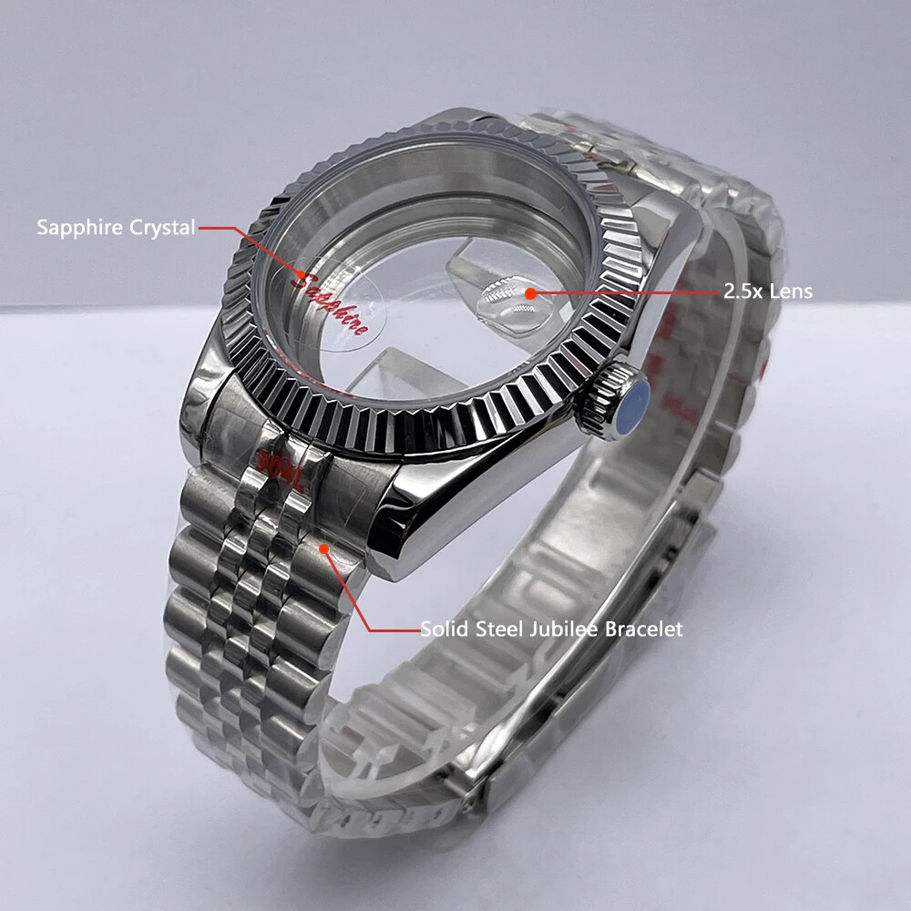 Steel Watch Case 40mm For NH35 NH36 Movement Sapphire Crystal Glass Bracelet