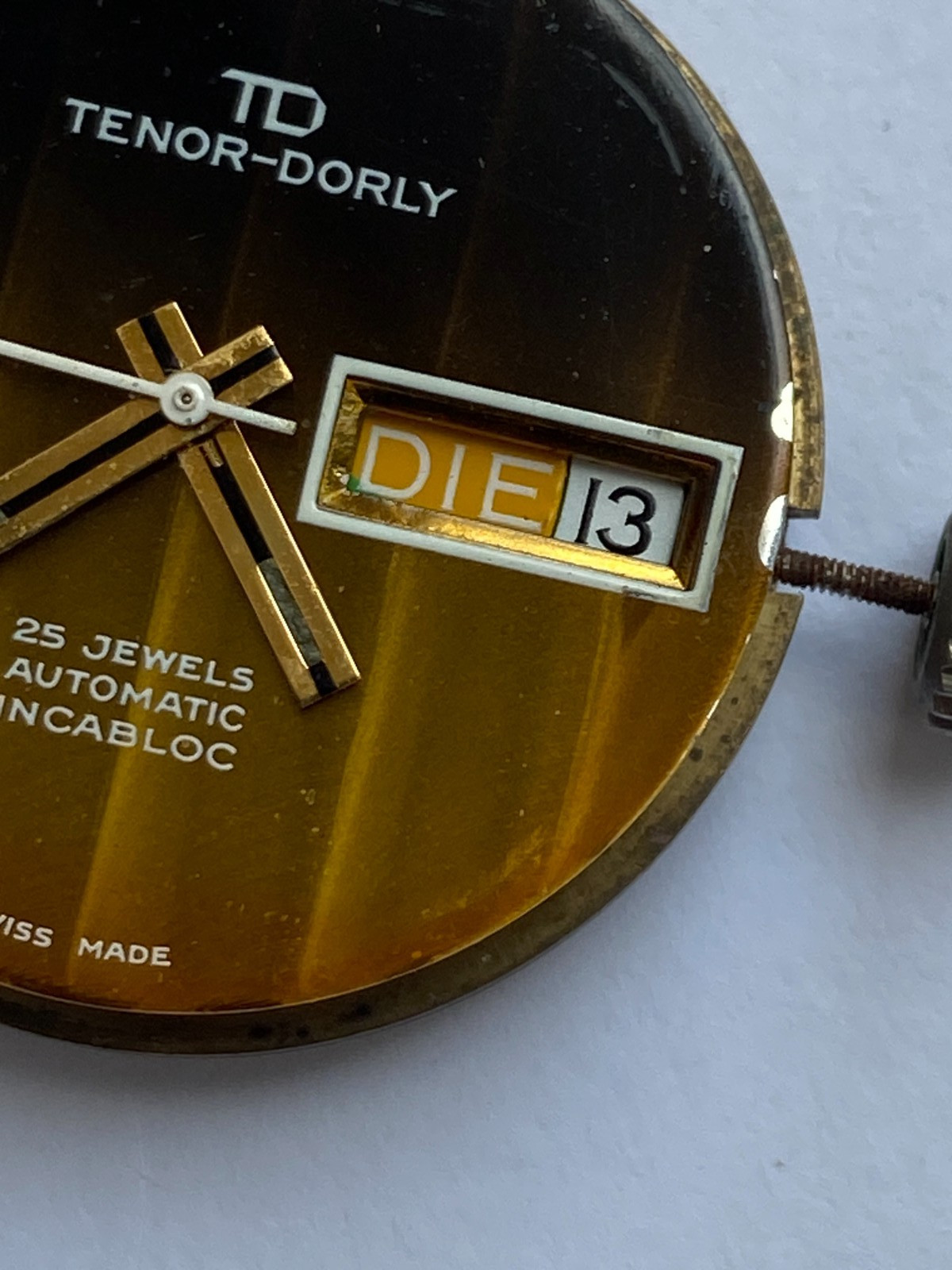 MEN WRIST WATCH FOR PARTS MOVEMENT AUTOMATIC 25 JEWELS TENOR-DORLY CAL. ETA 2789