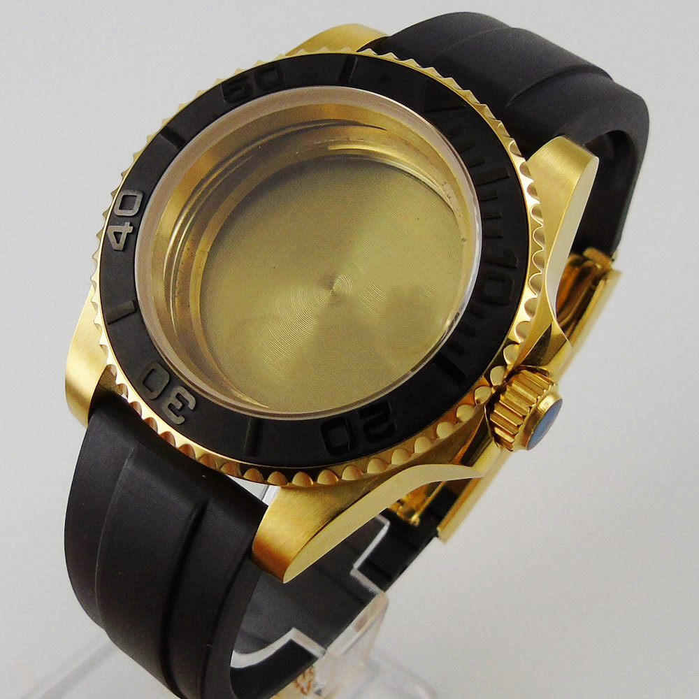 fit NH35A NH36A NH34A Yellow Gold Coated Watch Case Rubber Strap Brushed Insert