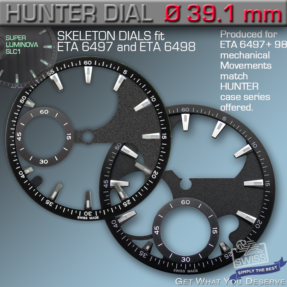 DIAL SKELETON, HUNTER Ø 39.1 MM, FOR MOVEMENT ETA UNITAS 6497+98, BLACK, Ref 10