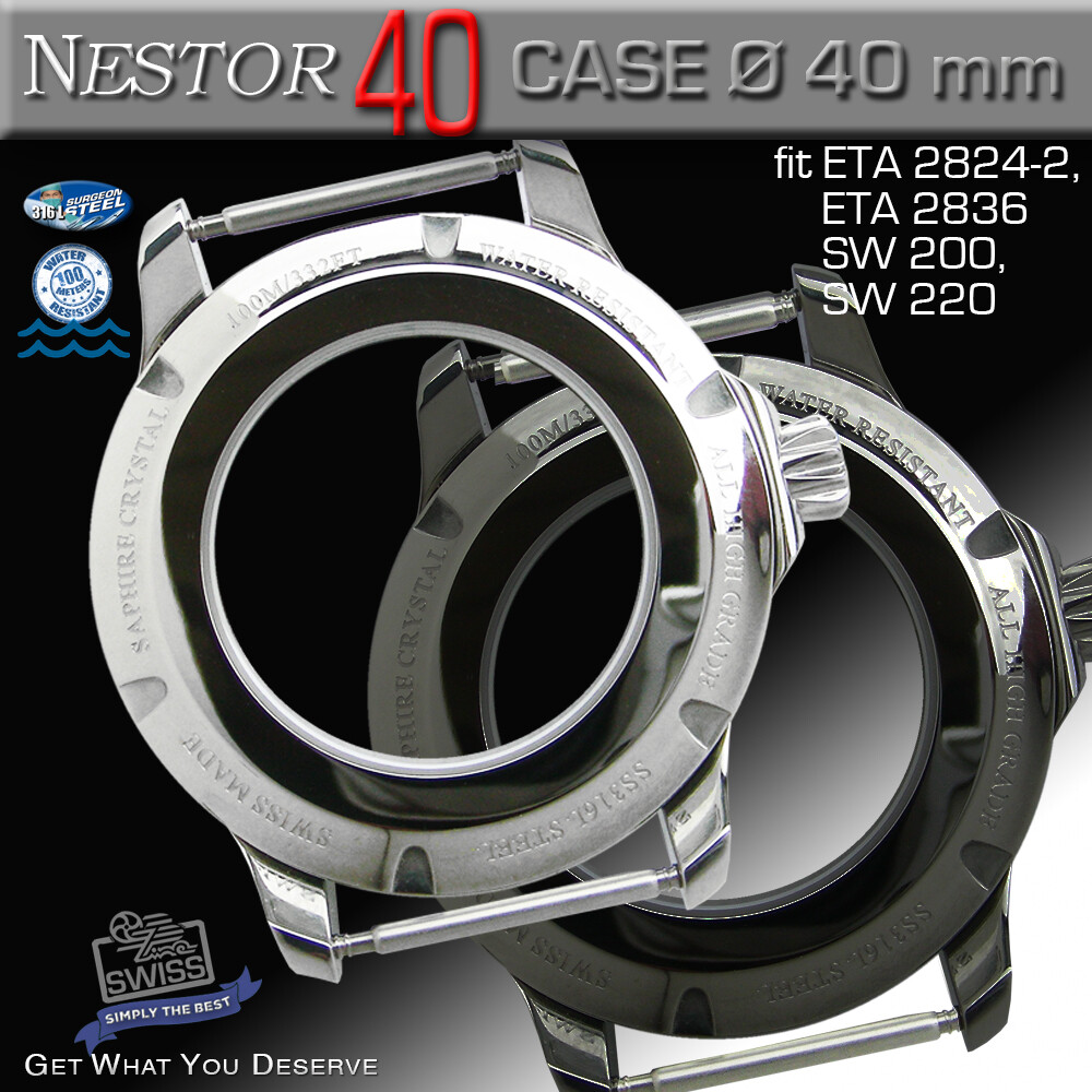 WATCH CASE NESTOR FOR ETA-2824/2836, SW 200/220,Ø 40 MM, ST.STEEL,SAPH.CRYSTAL,