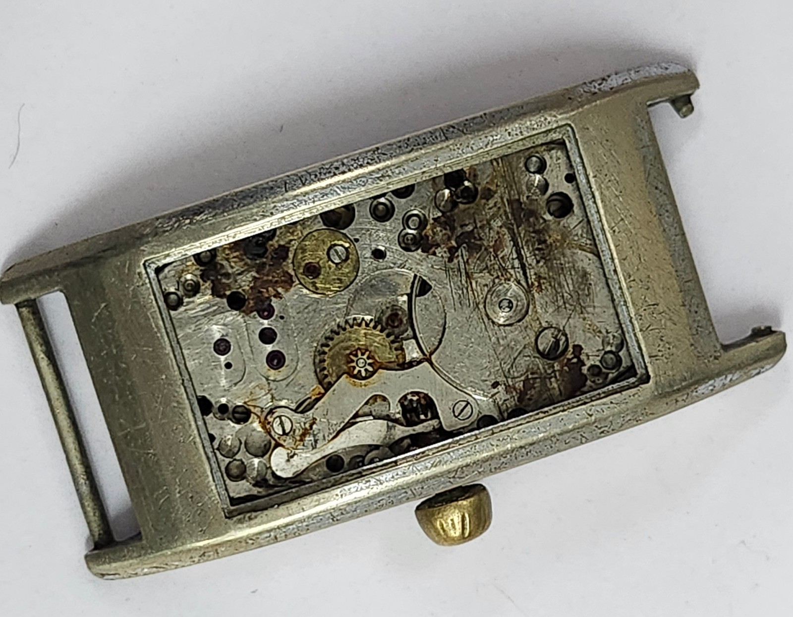 15-Jewel Rectangular Watch Movement & Stainless Steel Back Case — Parts / Repair