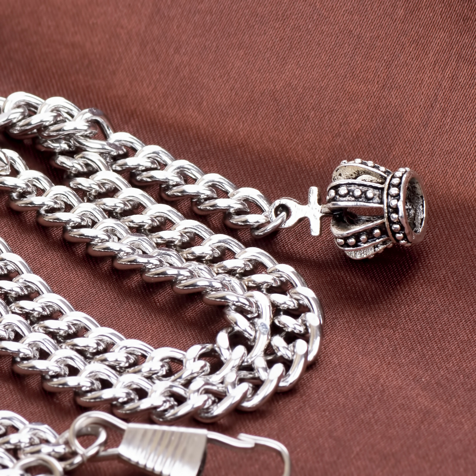 Brand New Silver Colour Double Albert Pocket Watch Chain With Crown Pendant
