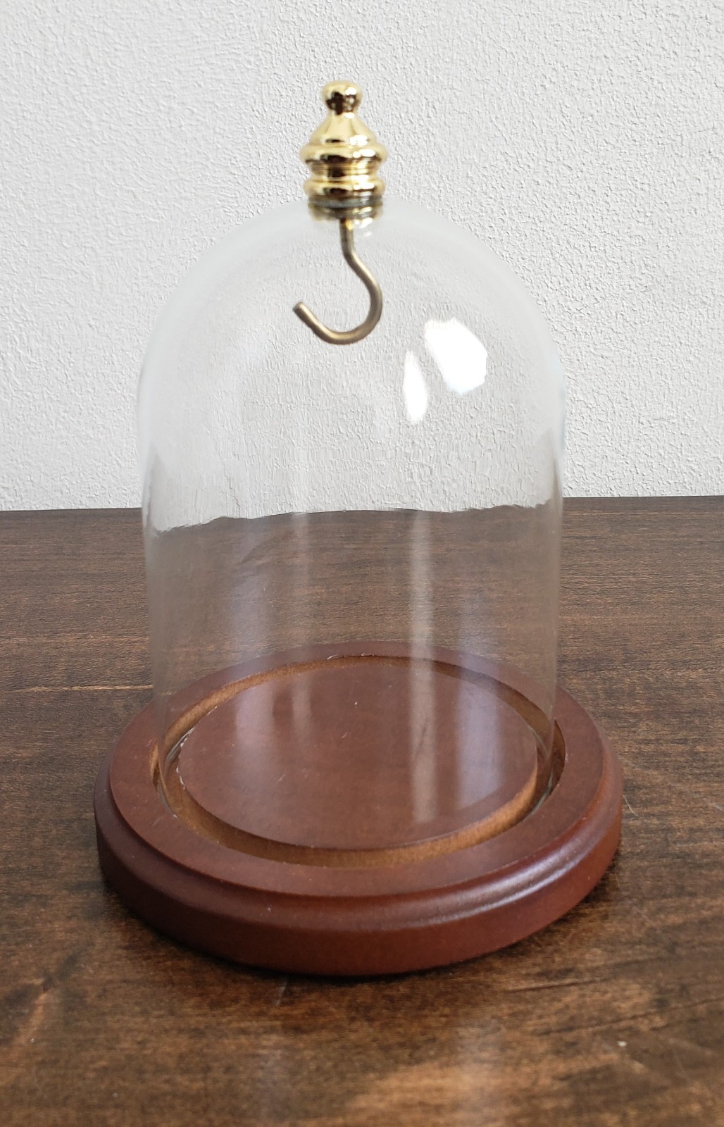 5.5 X 4 Cloche Pocket Watch Glass Display Dome w Hook & Gold Knob Walnut Stain