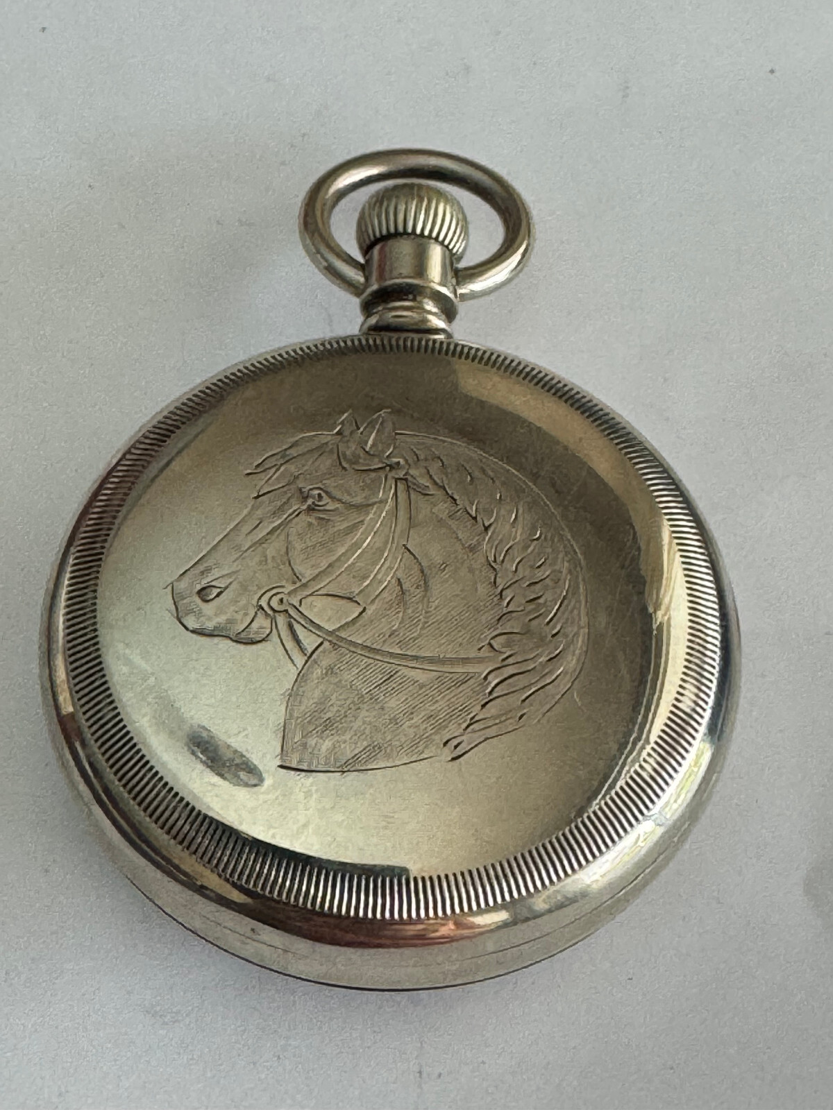 VINTAGE 18 SIZE DUEBER POCKET WATCH CASE WITH HORSE ON BACK PENDANT & LEVER SET