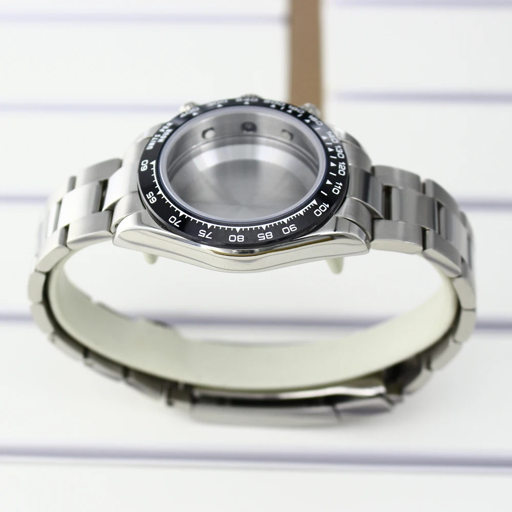39mm Watch Case Strap Sapphire Glass Fixed ceramic ring For Seiko VK63 Movement