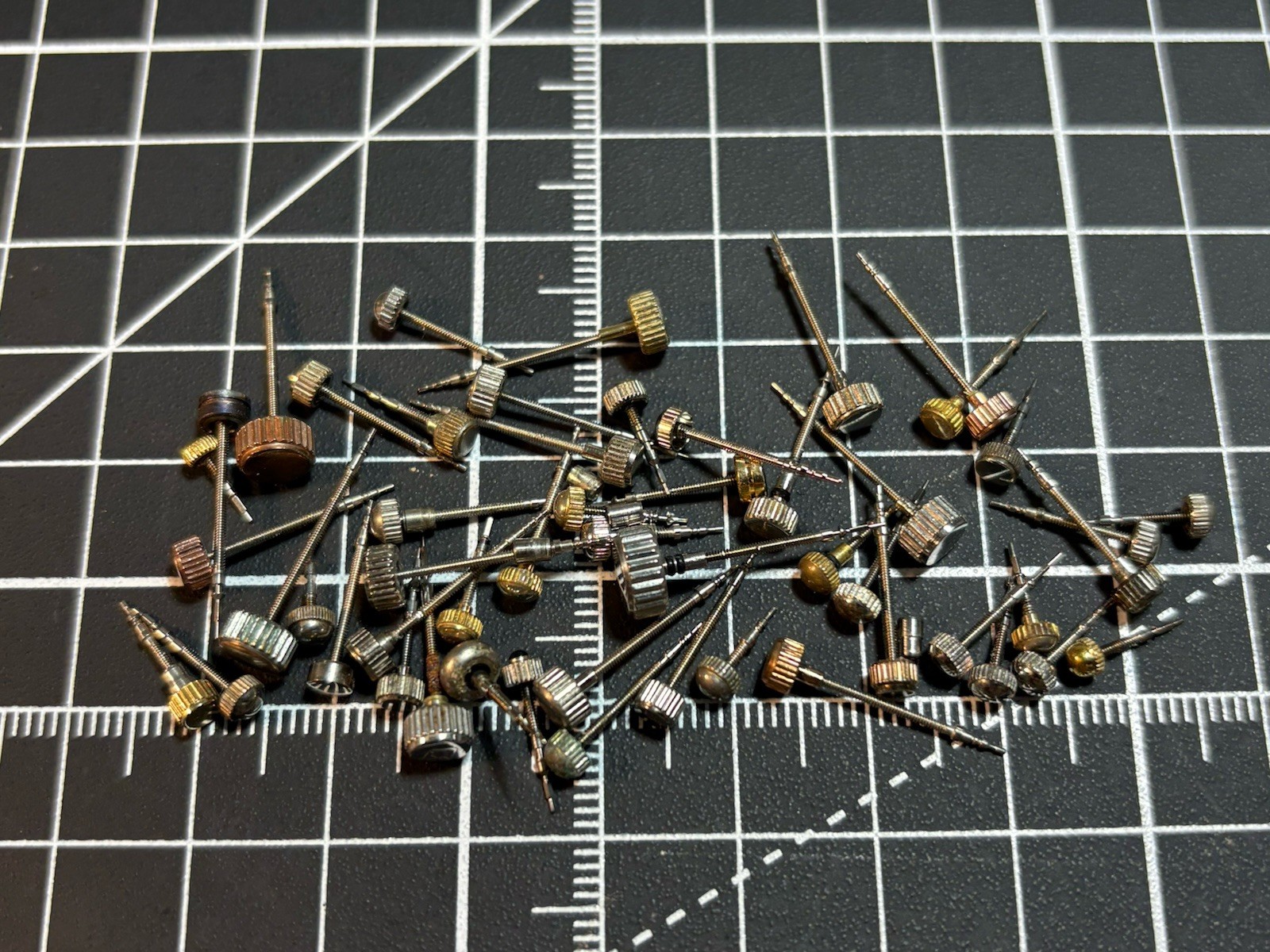 Watchmakers Parts Lot Of (52) Watch Crowns,Stems,Rose/Gold/Silver Tone