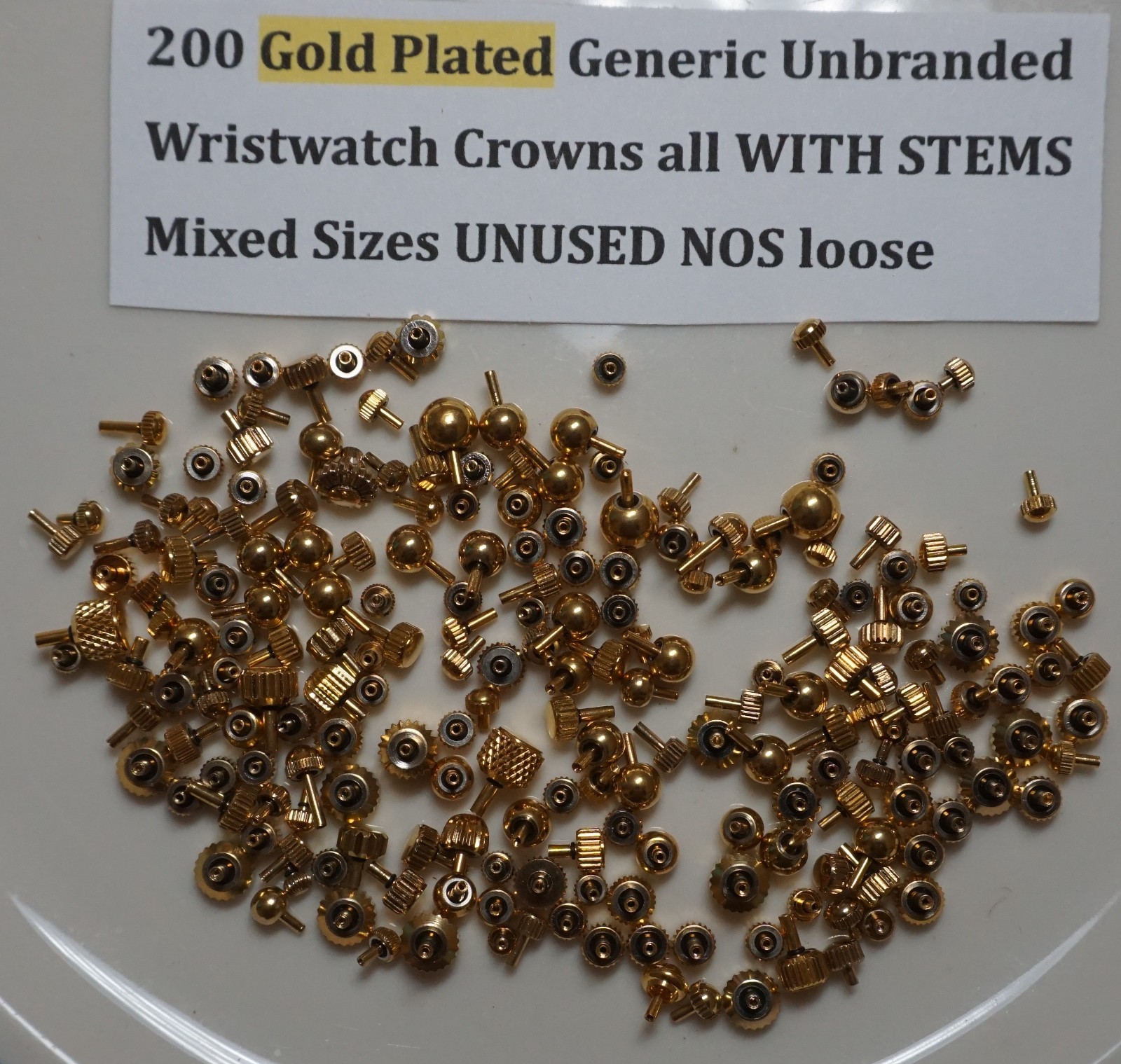 200 Gold Plated Generic Unbranded Wristwatch Crowns WITH STEMS MIXED SIZES NOS