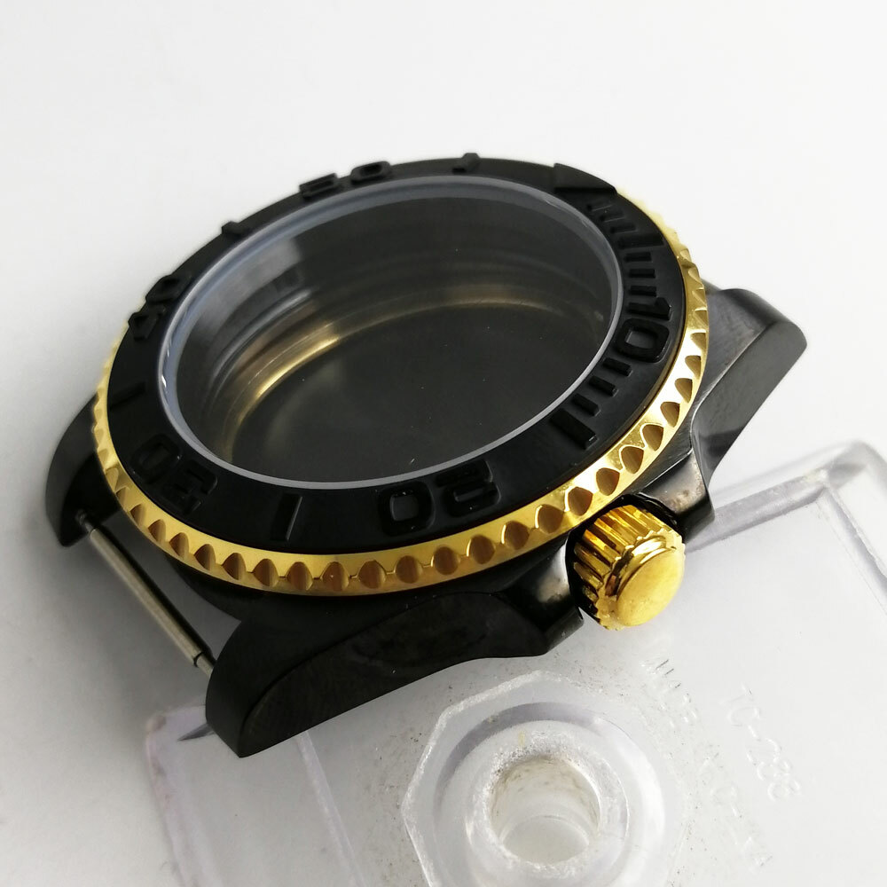 Fit NH35A 40mm Black Watch Case Gold Bezel Flat Sapphire Glass Jubilee Strap