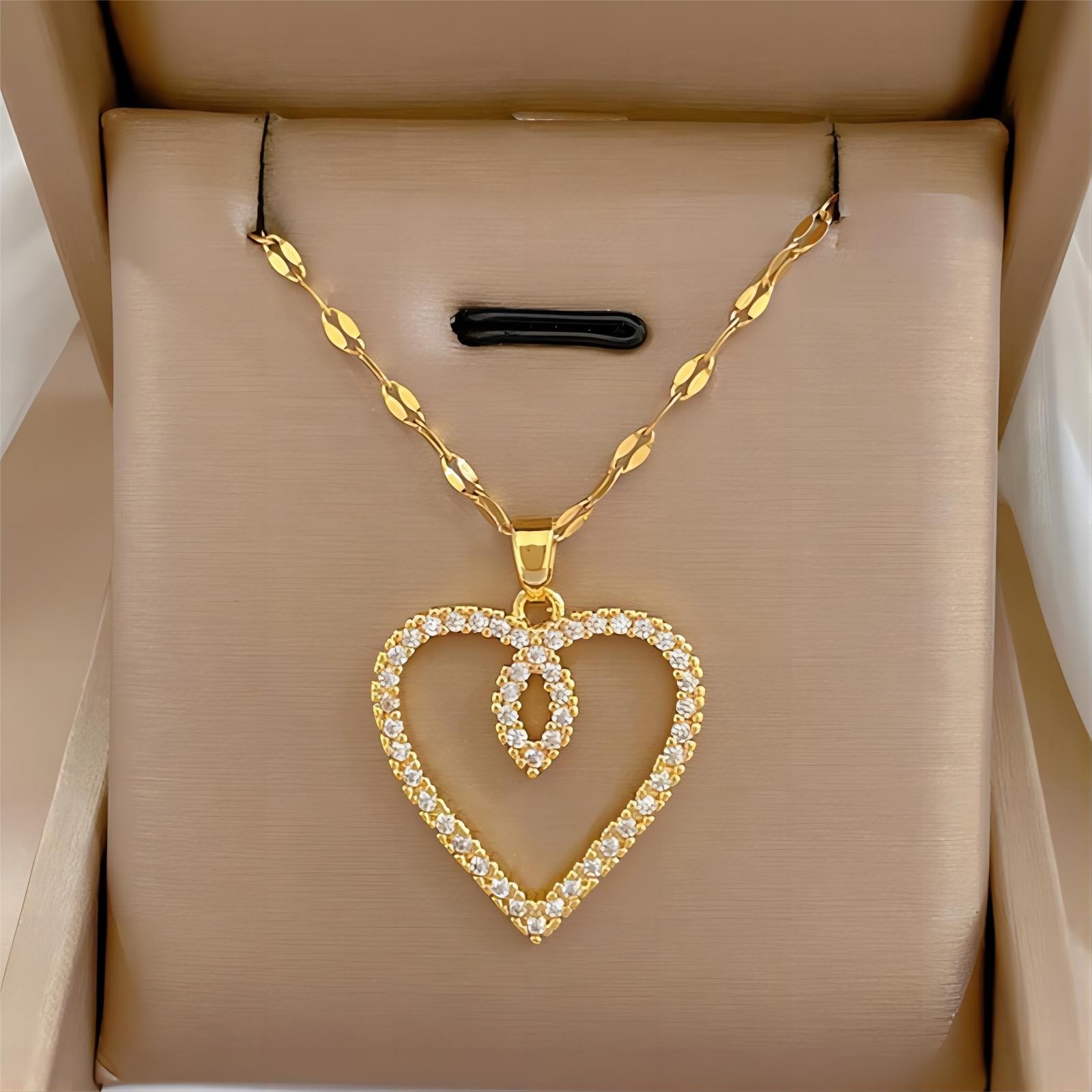 Trendy Heart Stainless Steel Zirconia Necklaces For Women Girls Love Gold Color