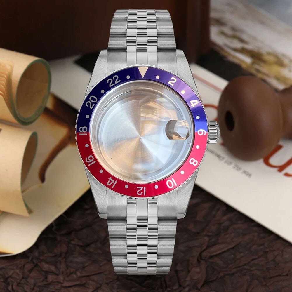 Vintage Red Blue 38mm Diver Stainless Steel Watch Case For S NH34 NH35 NH36 Move