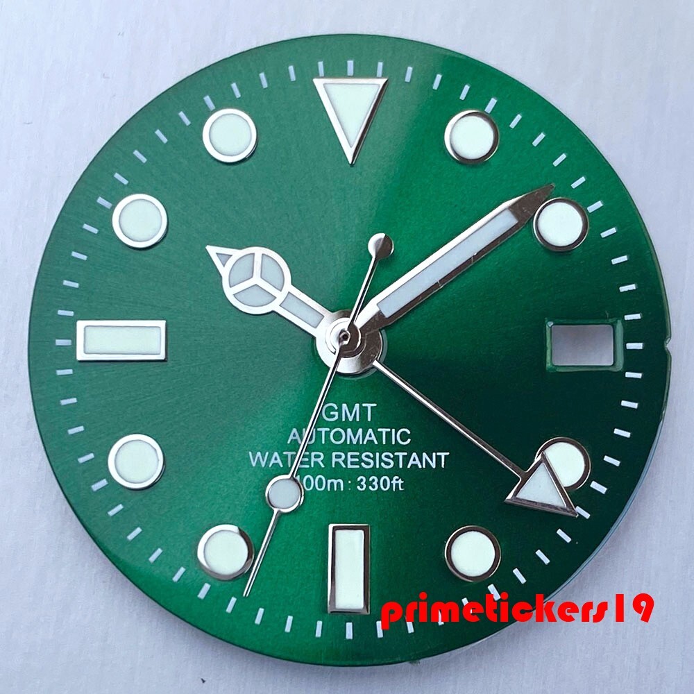 29mm NH34 GMT Watch Dial Black/Blue/Green Sterile Face Hands Set Date Luminous
