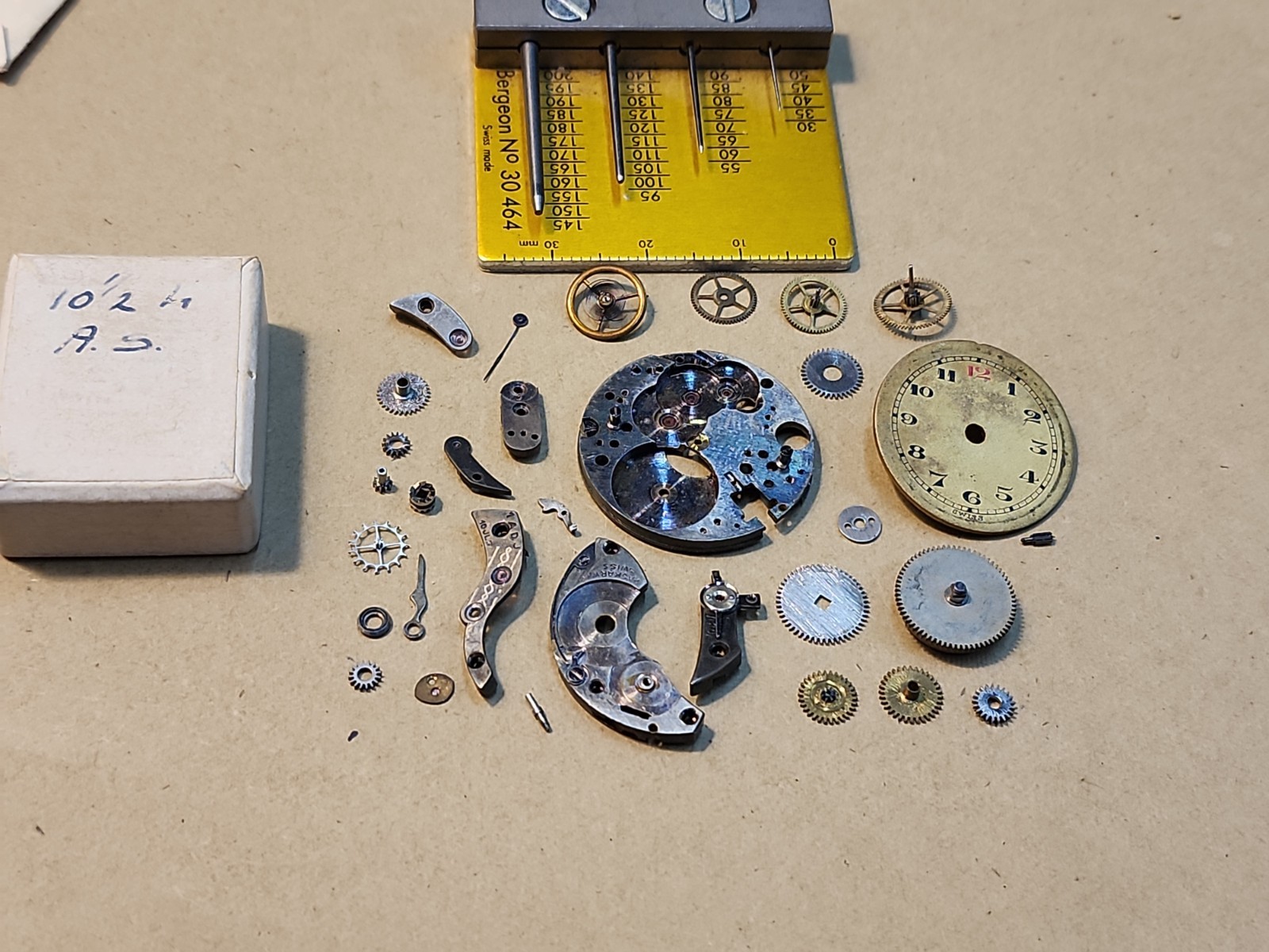 Lot Of Mixed AS? 10-1/2L Watch Parts-Plates, Bridges, Wheels, Dial-Parts Spares
