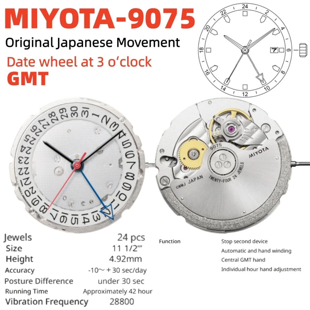 Genuine Miyota 9075 GMT Automatic Movement True Flyer High Beat 24J Watch Engine